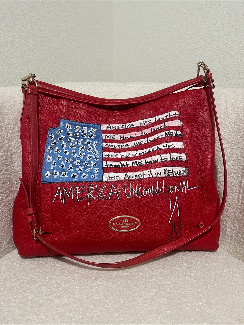 Coach Red Leather Shoulder Bag with Painted American Flag